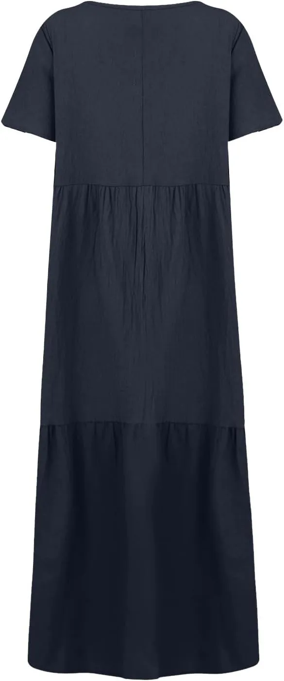 Linen Dresses for Women 2025 Casual Short Sleeve V Neck Pastel Flowy Maxi Dress Comfy Beach Plus Size Summer Dresses