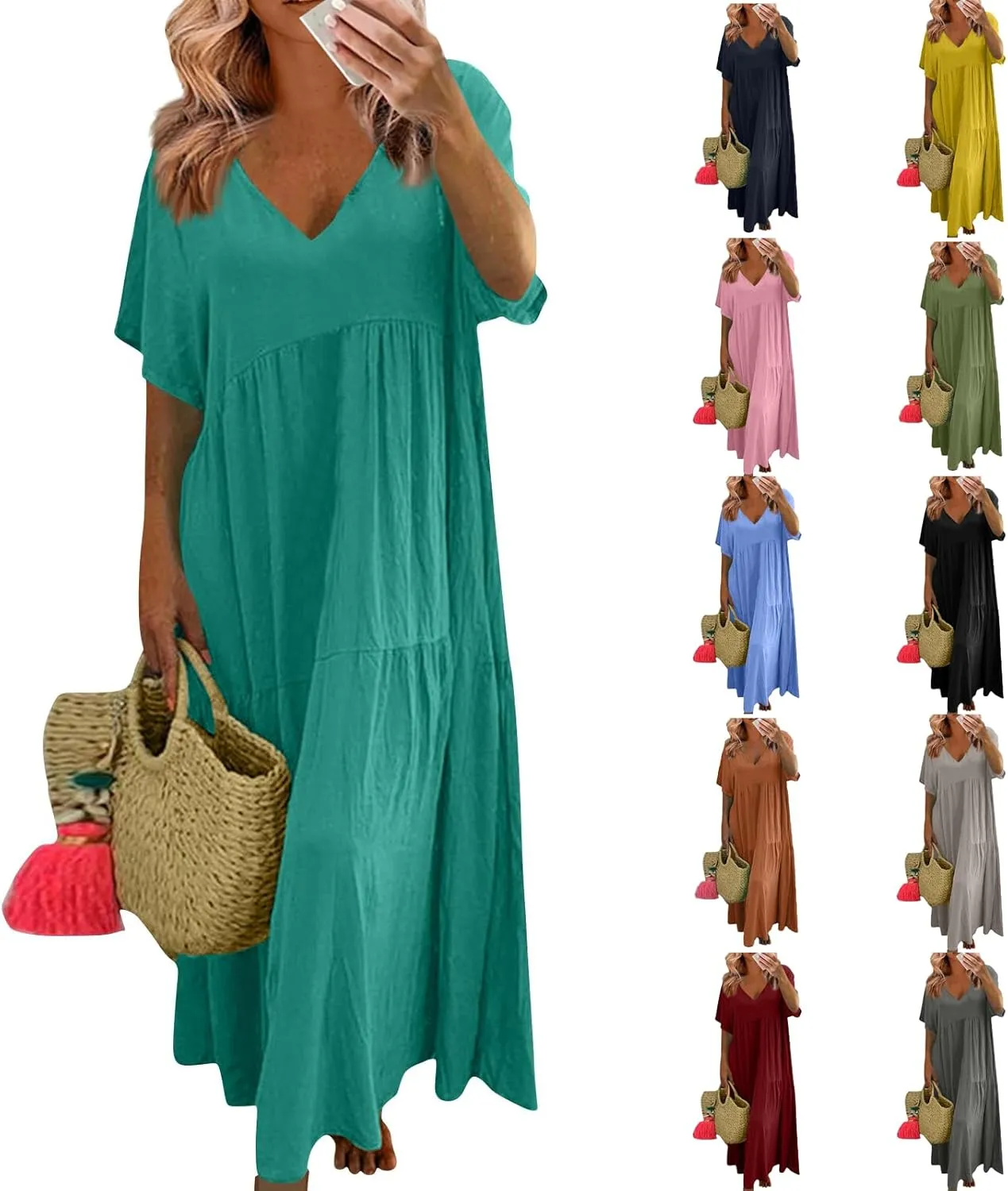 Linen Dresses for Women 2025 Casual Short Sleeve V Neck Pastel Flowy Maxi Dress Comfy Beach Plus Size Summer Dresses