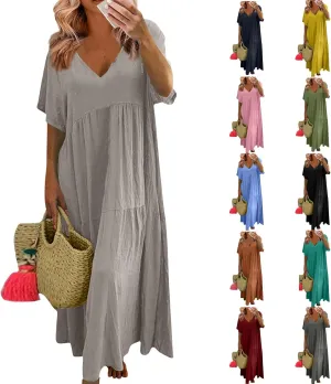 Linen Dresses for Women 2025 Casual Short Sleeve V Neck Pastel Flowy Maxi Dress Comfy Beach Plus Size Summer Dresses