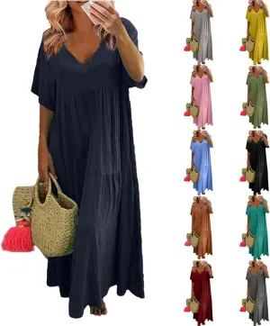 Linen Dresses for Women 2025 Casual Short Sleeve V Neck Pastel Flowy Maxi Dress Comfy Beach Plus Size Summer Dresses