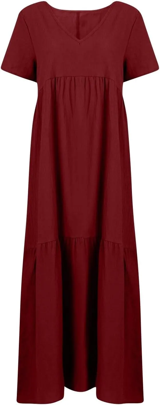 Linen Dresses for Women 2025 Casual Short Sleeve V Neck Pastel Flowy Maxi Dress Comfy Beach Plus Size Summer Dresses