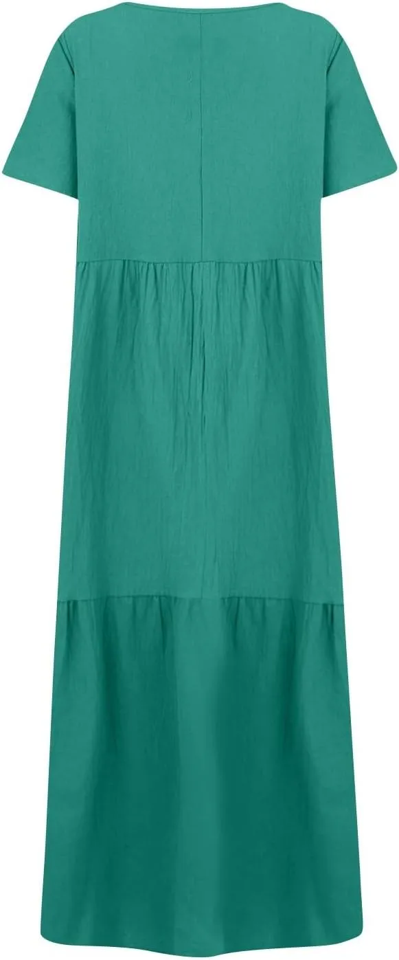 Linen Dresses for Women 2025 Casual Short Sleeve V Neck Pastel Flowy Maxi Dress Comfy Beach Plus Size Summer Dresses