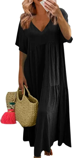 Linen Dresses for Women 2025 Casual Short Sleeve V Neck Pastel Flowy Maxi Dress Comfy Beach Plus Size Summer Dresses