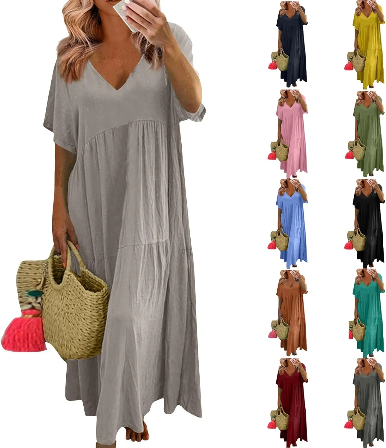 Linen Dresses for Women 2025 Casual Short Sleeve V Neck Pastel Flowy Maxi Dress Comfy Beach Plus Size Summer Dresses