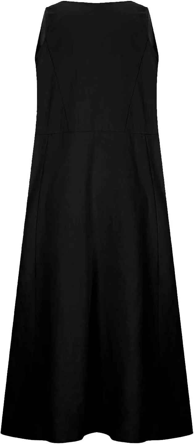Linen Dresses for Women 2025 Casual Sleeveless Loose V Neck Sundress Fashion Solid Color Summer Dress with Pockets