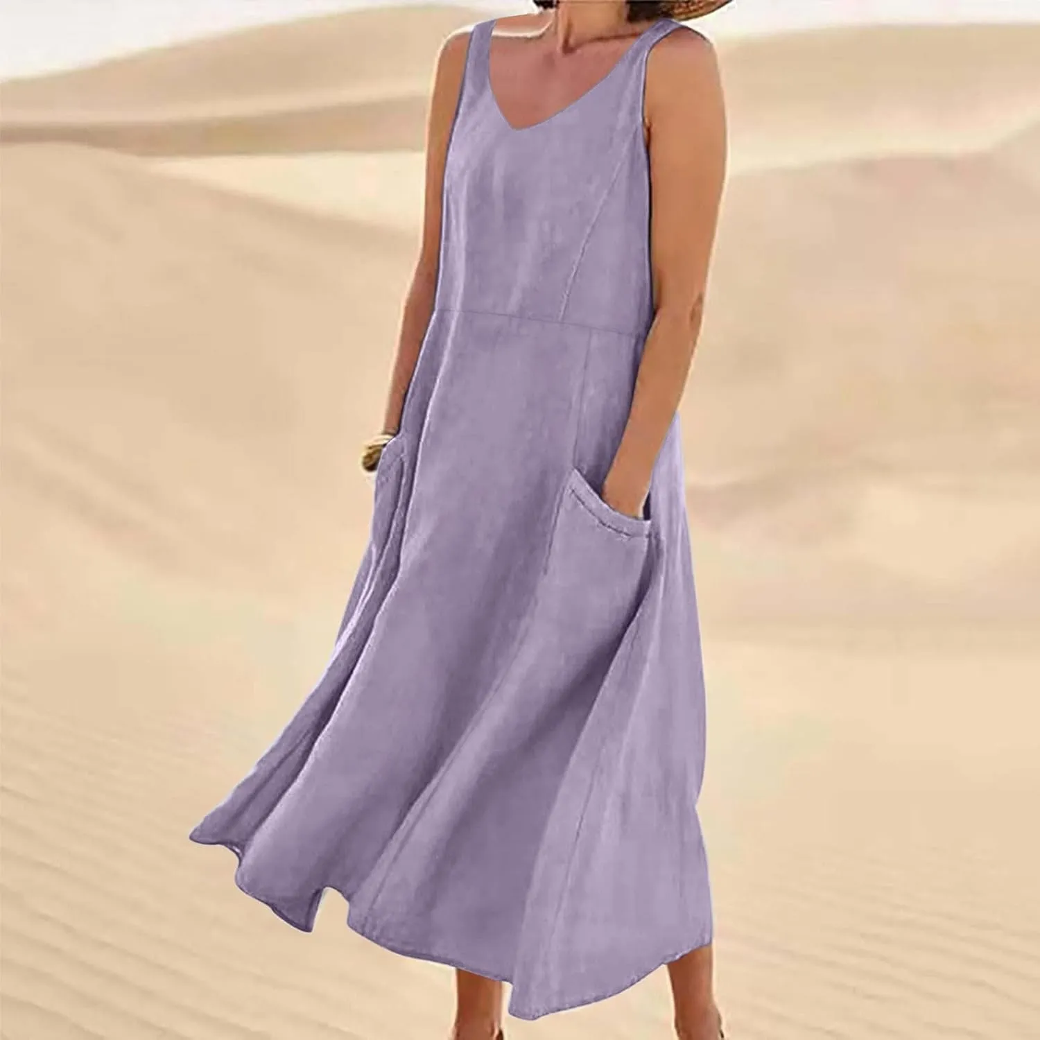 Linen Dresses for Women 2025 Casual Sleeveless Loose V Neck Sundress Fashion Solid Color Summer Dress with Pockets
