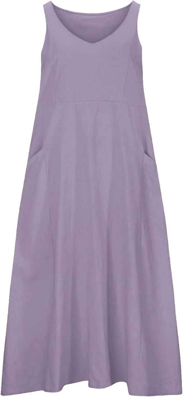 Linen Dresses for Women 2025 Casual Sleeveless Loose V Neck Sundress Fashion Solid Color Summer Dress with Pockets