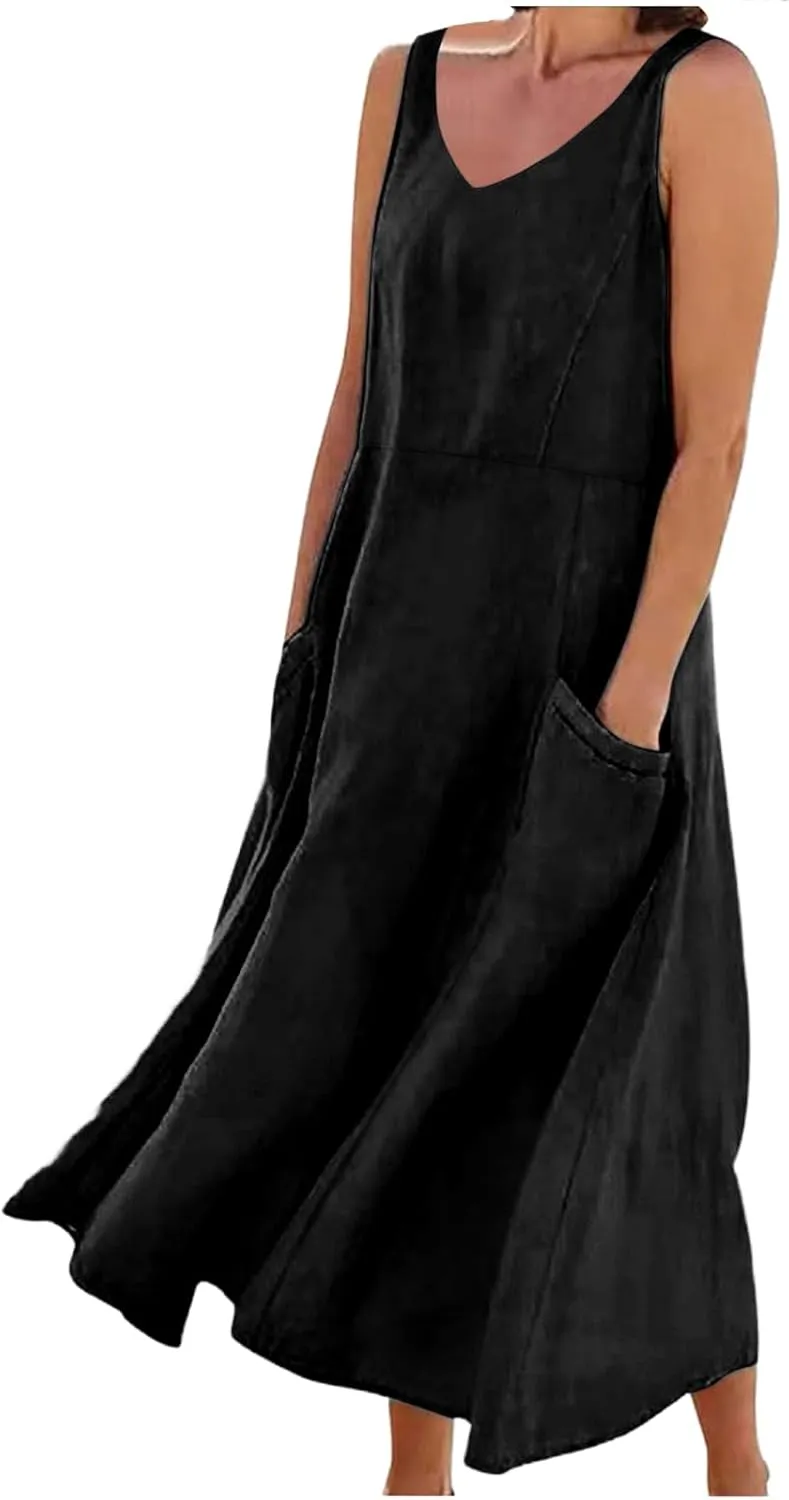 Linen Dresses for Women 2025 Casual Sleeveless Loose V Neck Sundress Fashion Solid Color Summer Dress with Pockets
