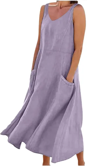 Linen Dresses for Women 2025 Casual Sleeveless Loose V Neck Sundress Fashion Solid Color Summer Dress with Pockets