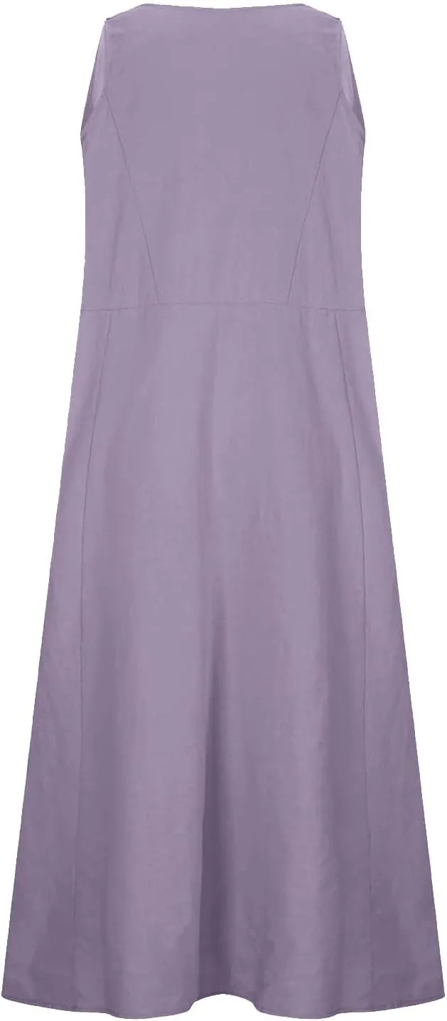 Linen Dresses for Women 2025 Casual Sleeveless Loose V Neck Sundress Fashion Solid Color Summer Dress with Pockets