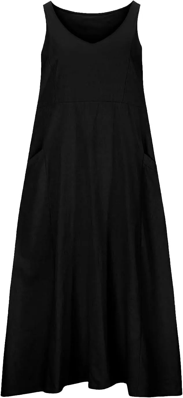 Linen Dresses for Women 2025 Casual Sleeveless Loose V Neck Sundress Fashion Solid Color Summer Dress with Pockets