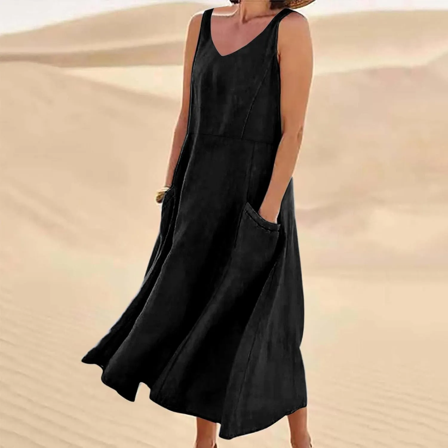 Linen Dresses for Women 2025 Casual Sleeveless Loose V Neck Sundress Fashion Solid Color Summer Dress with Pockets