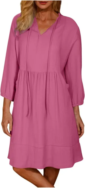 Linen Dresses for Women 2025 Casual Summer Cotton Linen Dress Tunic Flowy Mini Sundress 3/4 Sleeve Beach Outfits