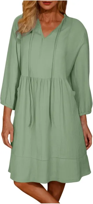 Linen Dresses for Women 2025 Casual Summer Cotton Linen Dress Tunic Flowy Mini Sundress 3/4 Sleeve Beach Outfits