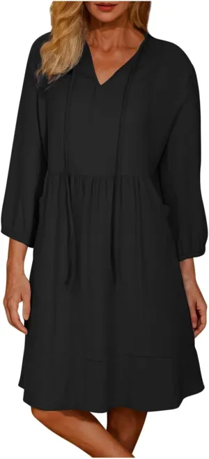 Linen Dresses for Women 2025 Casual Summer Cotton Linen Dress Tunic Flowy Mini Sundress 3/4 Sleeve Beach Outfits