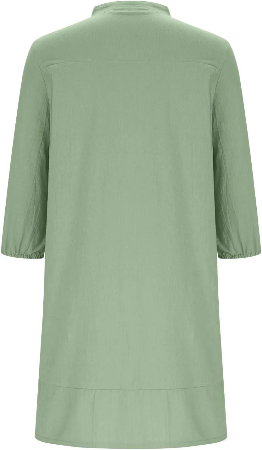 Linen Dresses for Women 2025 Casual Summer Cotton Linen Dress Tunic Flowy Mini Sundress 3/4 Sleeve Beach Outfits