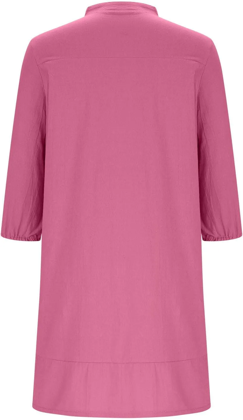 Linen Dresses for Women 2025 Casual Summer Cotton Linen Dress Tunic Flowy Mini Sundress 3/4 Sleeve Beach Outfits