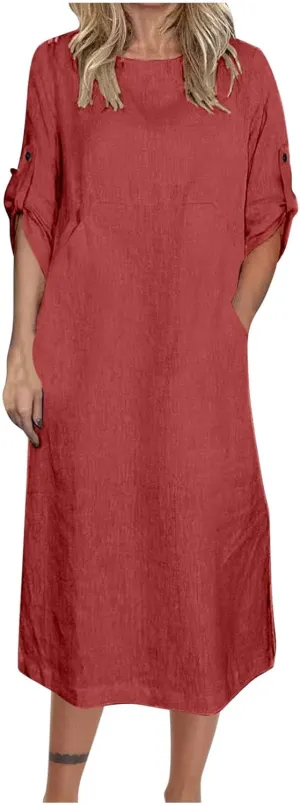 Linen Dresses for Women 2025 Cuffed Sleeve Crewneck Solid Color Long Cotton Dress Spring Maxi Dress with Pockets