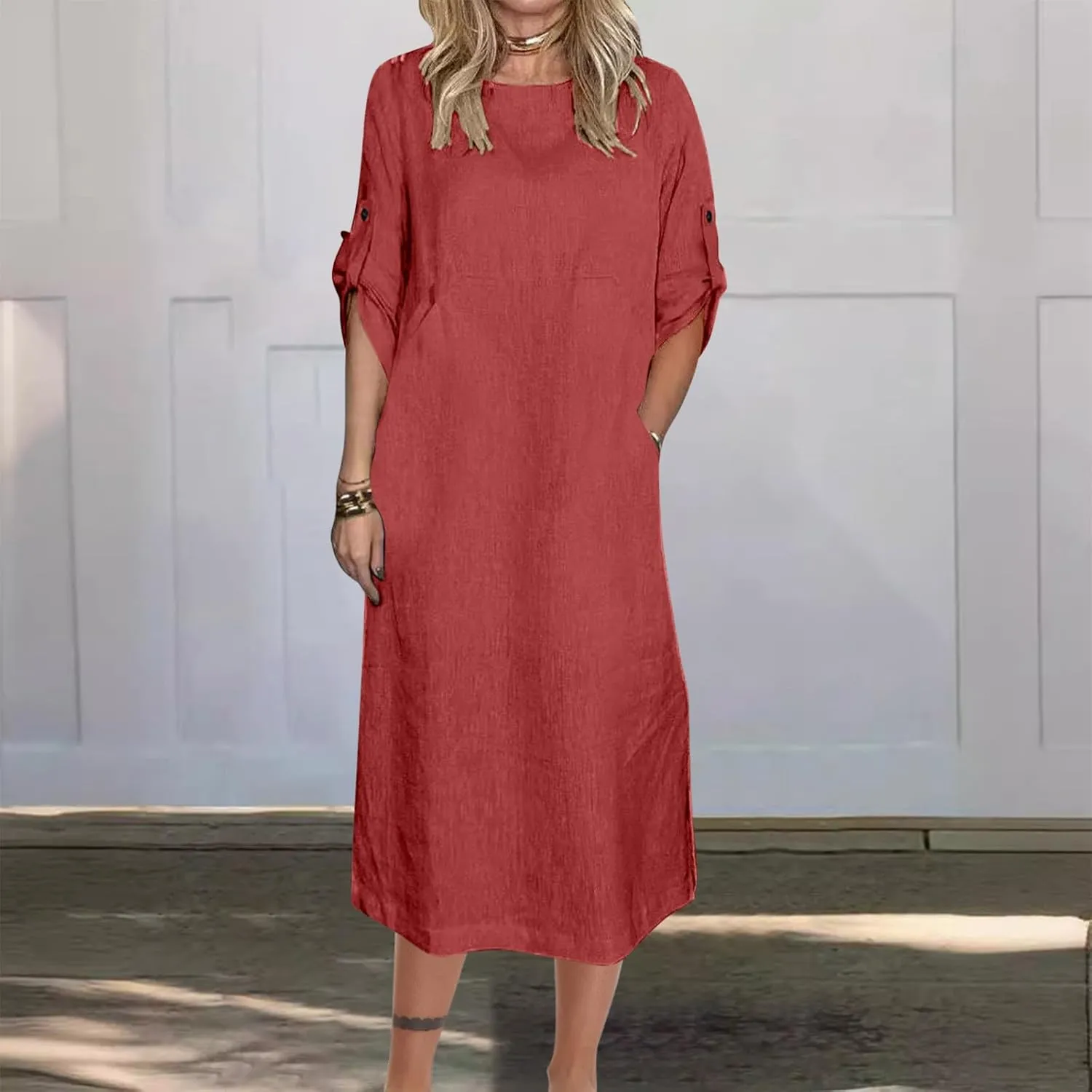 Linen Dresses for Women 2025 Cuffed Sleeve Crewneck Solid Color Long Cotton Dress Spring Maxi Dress with Pockets