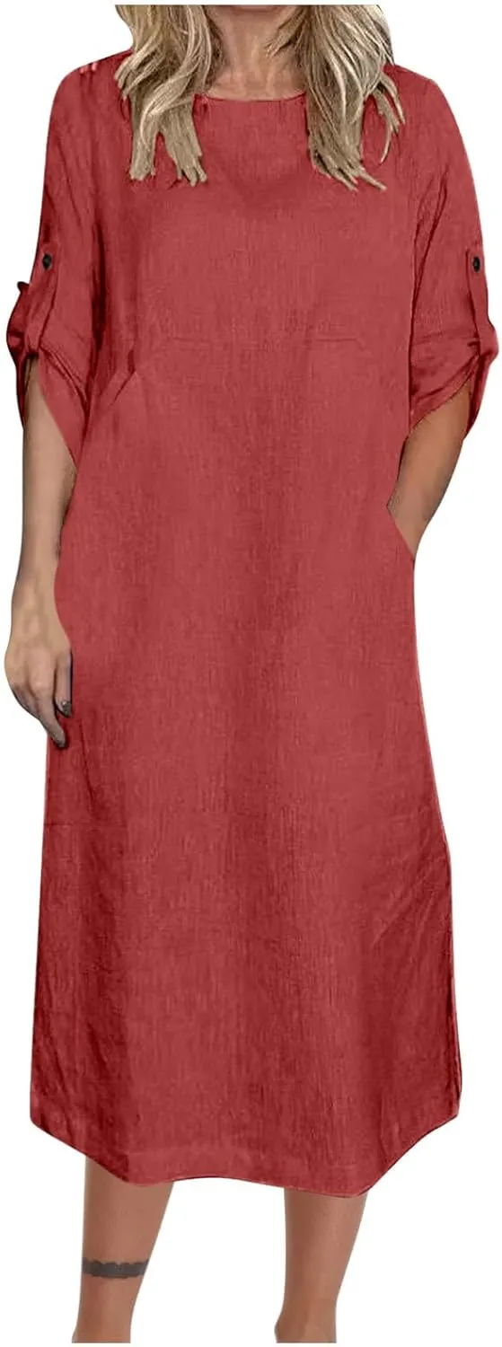 Linen Dresses for Women 2025 Cuffed Sleeve Crewneck Solid Color Long Cotton Dress Spring Maxi Dress with Pockets