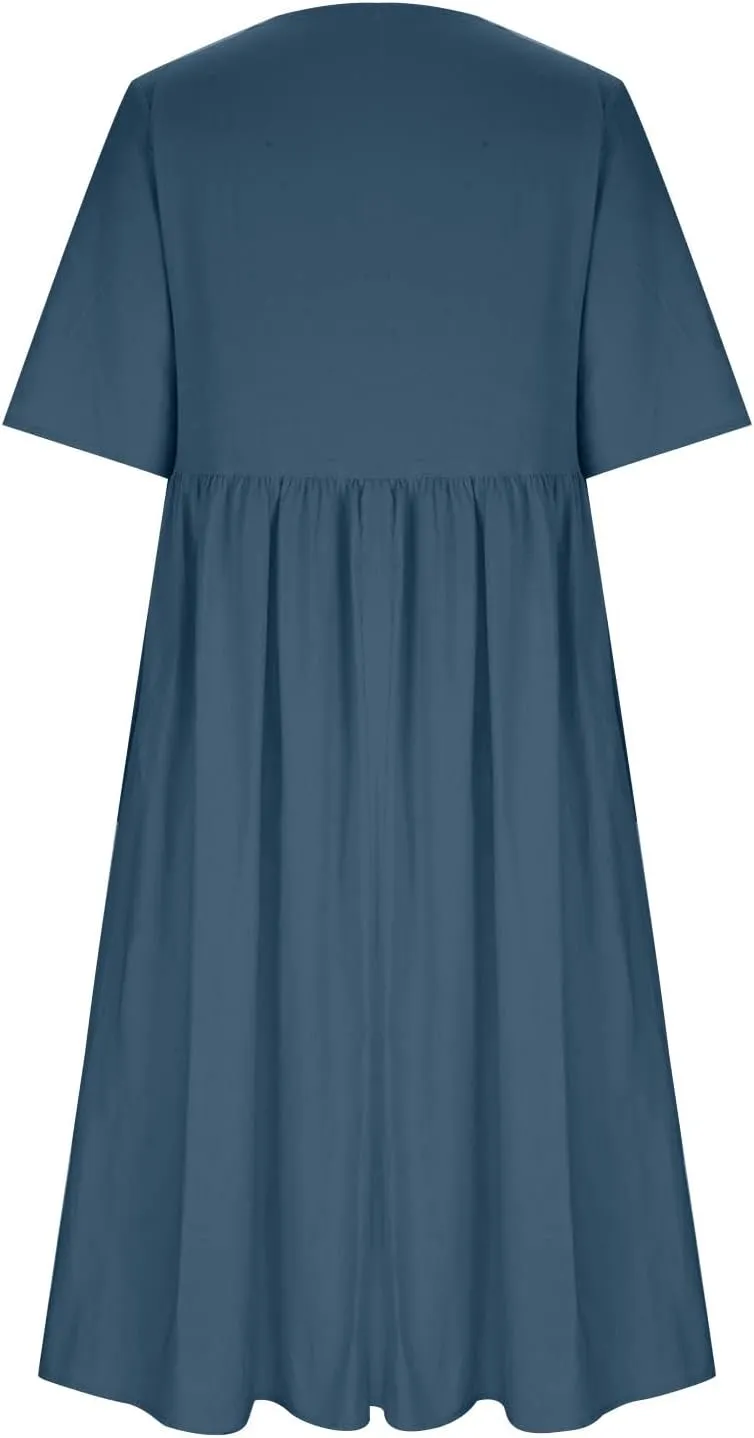 Linen Dresses for Women 2025 Half Sleeve Crewneck Printed Maxi Dress Casual Loose Plus Size Beach Dress with Pockets
