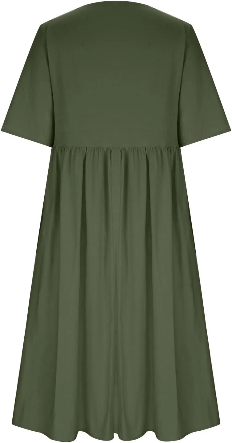 Linen Dresses for Women 2025 Half Sleeve Crewneck Printed Maxi Dress Casual Loose Plus Size Beach Dress with Pockets