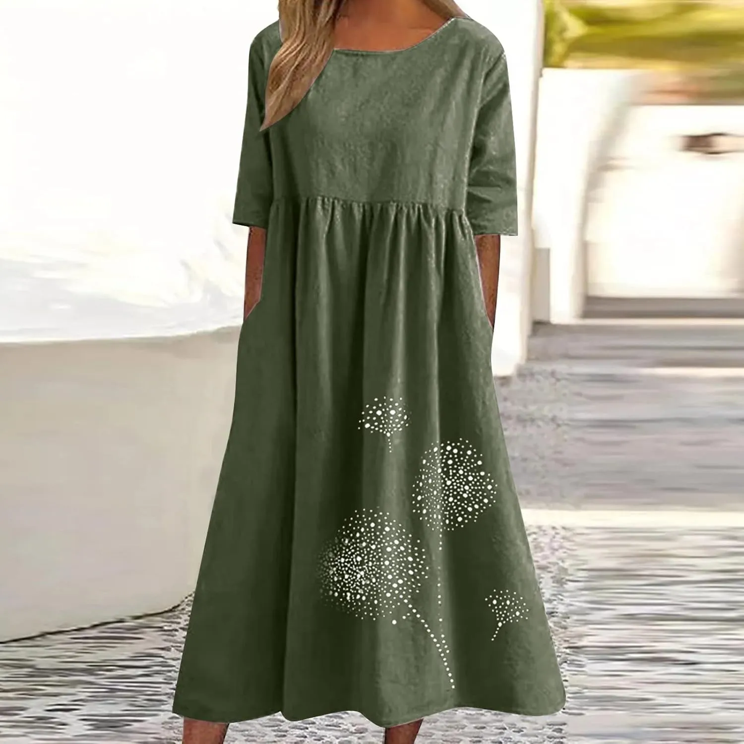 Linen Dresses for Women 2025 Half Sleeve Crewneck Printed Maxi Dress Casual Loose Plus Size Beach Dress with Pockets