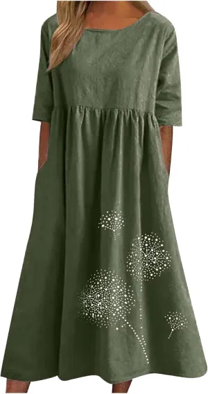 Linen Dresses for Women 2025 Half Sleeve Crewneck Printed Maxi Dress Casual Loose Plus Size Beach Dress with Pockets