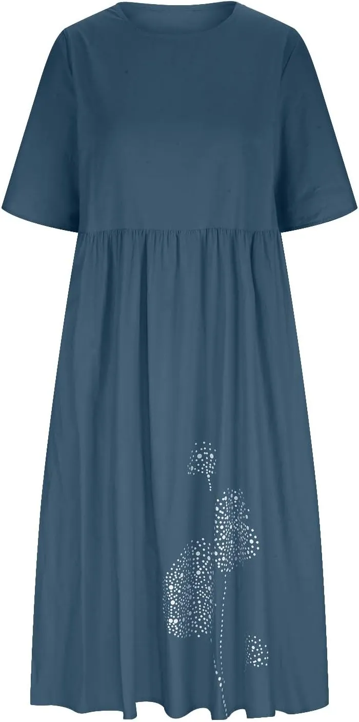 Linen Dresses for Women 2025 Half Sleeve Crewneck Printed Maxi Dress Casual Loose Plus Size Beach Dress with Pockets