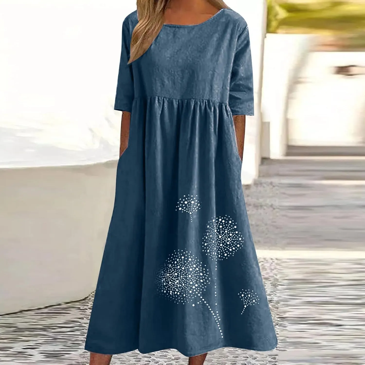 Linen Dresses for Women 2025 Half Sleeve Crewneck Printed Maxi Dress Casual Loose Plus Size Beach Dress with Pockets