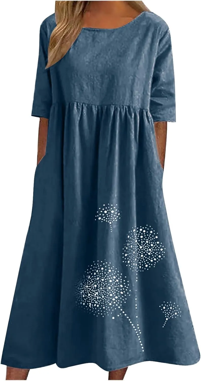 Linen Dresses for Women 2025 Half Sleeve Crewneck Printed Maxi Dress Casual Loose Plus Size Beach Dress with Pockets