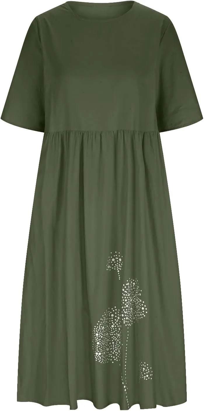 Linen Dresses for Women 2025 Half Sleeve Crewneck Printed Maxi Dress Casual Loose Plus Size Beach Dress with Pockets