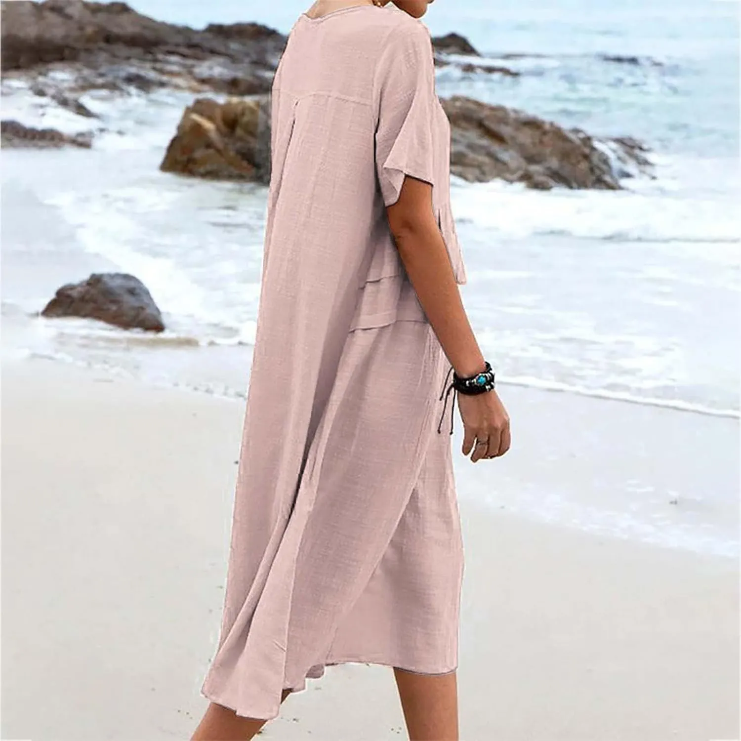 Linen Dresses for Women 2025 Loose Round Neck Short Sleeve Sundress Fashion Solid Color Pleated Summer Dress