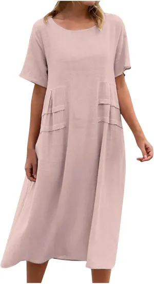 Linen Dresses for Women 2025 Loose Round Neck Short Sleeve Sundress Fashion Solid Color Pleated Summer Dress