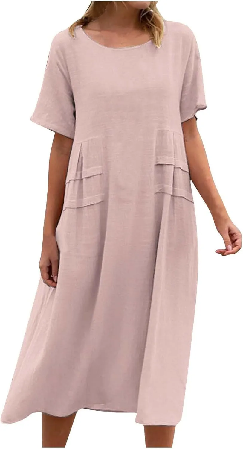 Linen Dresses for Women 2025 Loose Round Neck Short Sleeve Sundress Fashion Solid Color Pleated Summer Dress