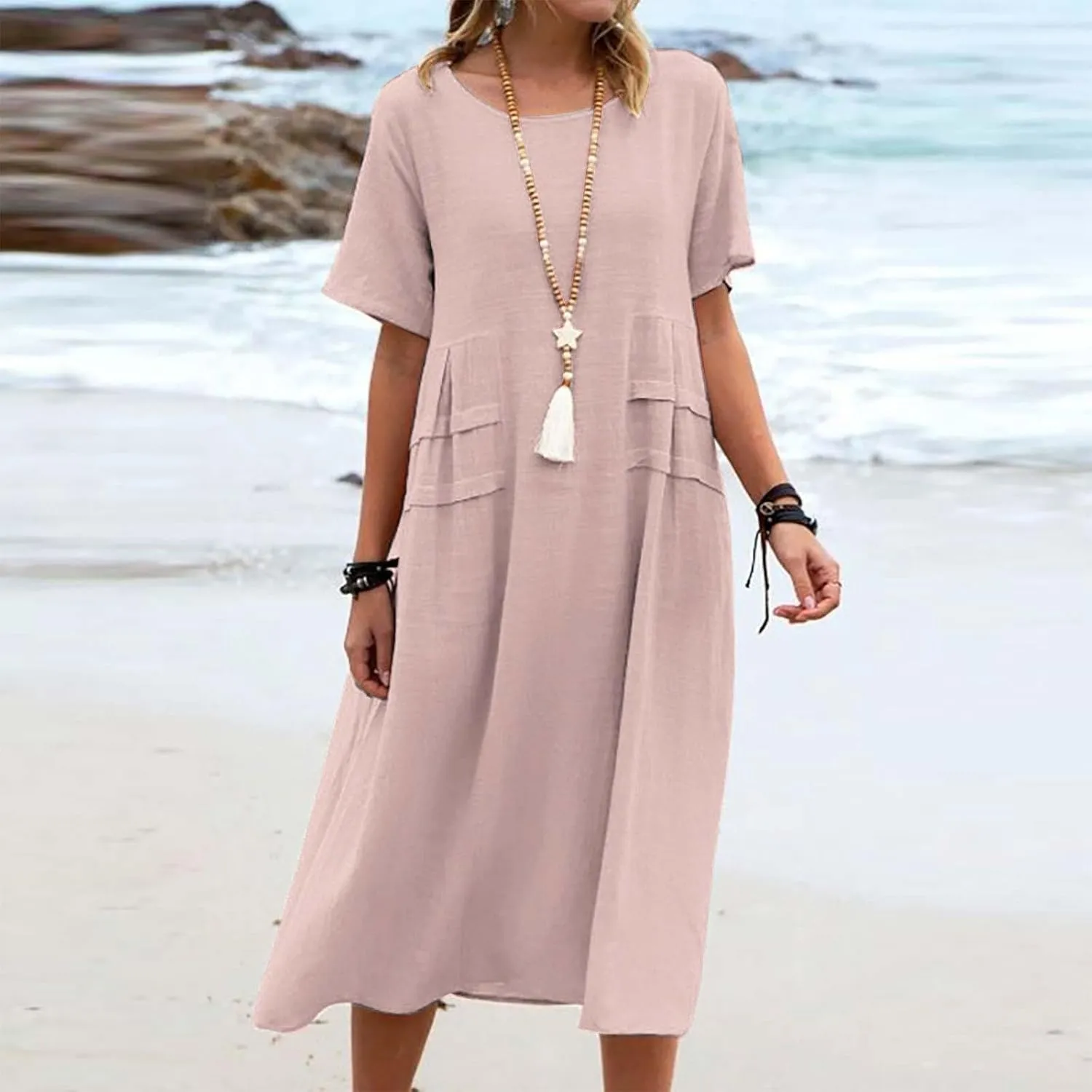 Linen Dresses for Women 2025 Loose Round Neck Short Sleeve Sundress Fashion Solid Color Pleated Summer Dress