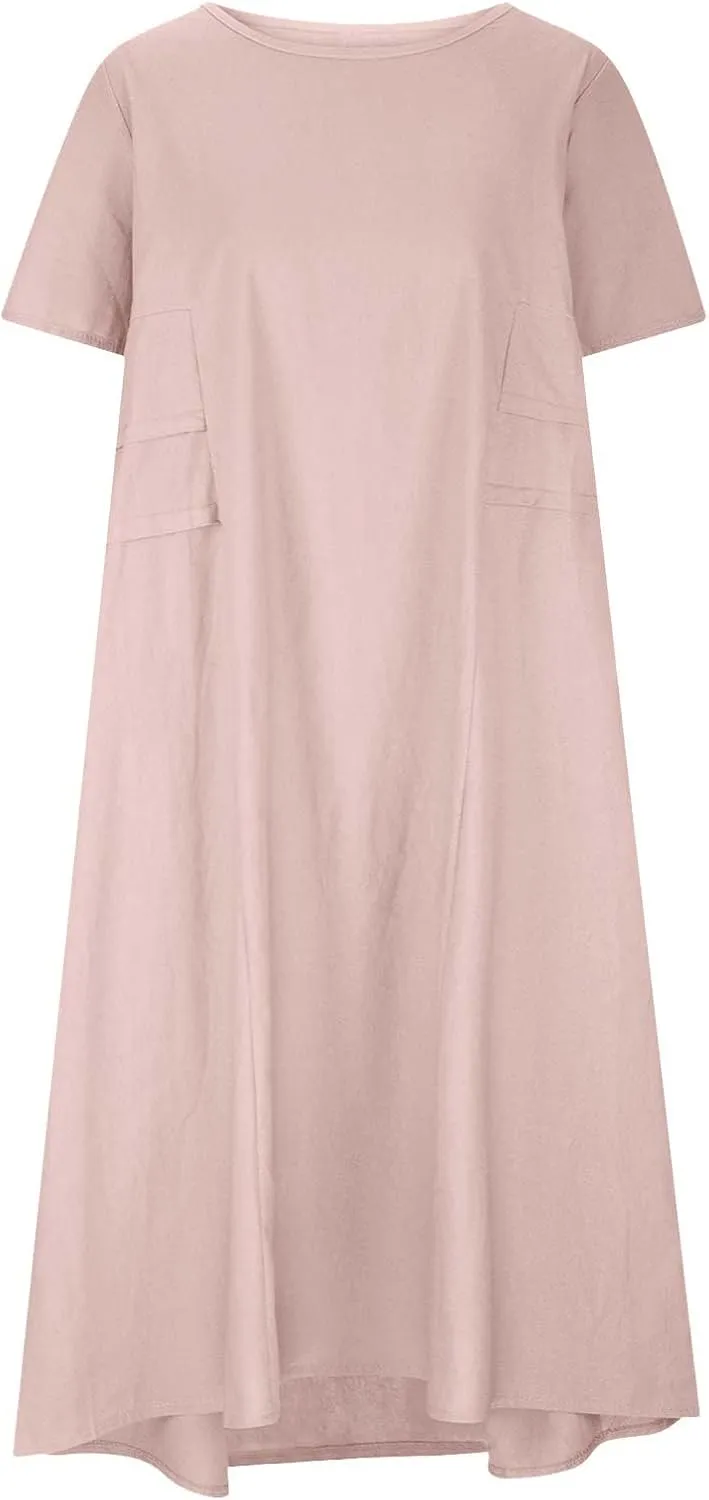 Linen Dresses for Women 2025 Loose Round Neck Short Sleeve Sundress Fashion Solid Color Pleated Summer Dress