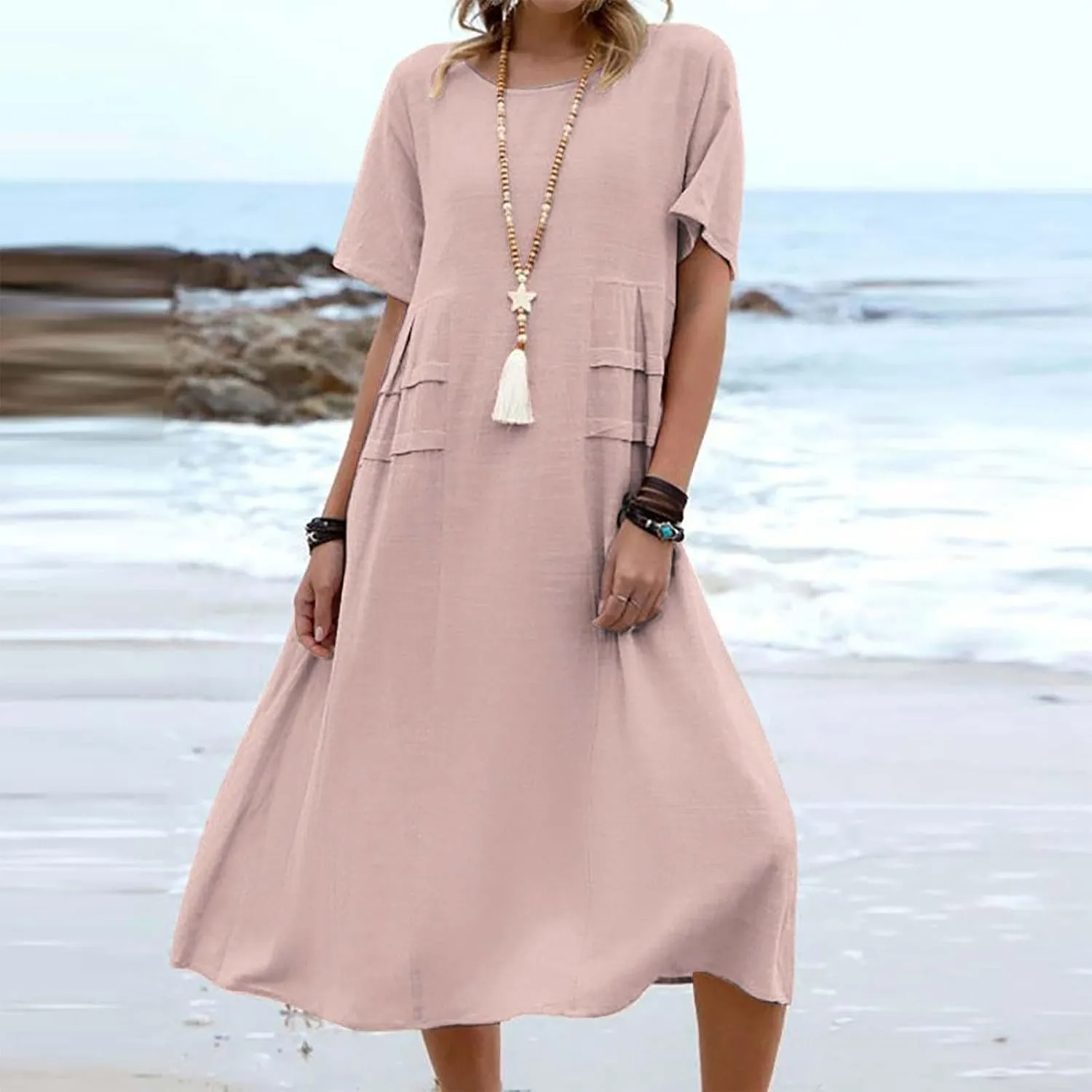 Linen Dresses for Women 2025 Loose Round Neck Short Sleeve Sundress Fashion Solid Color Pleated Summer Dress