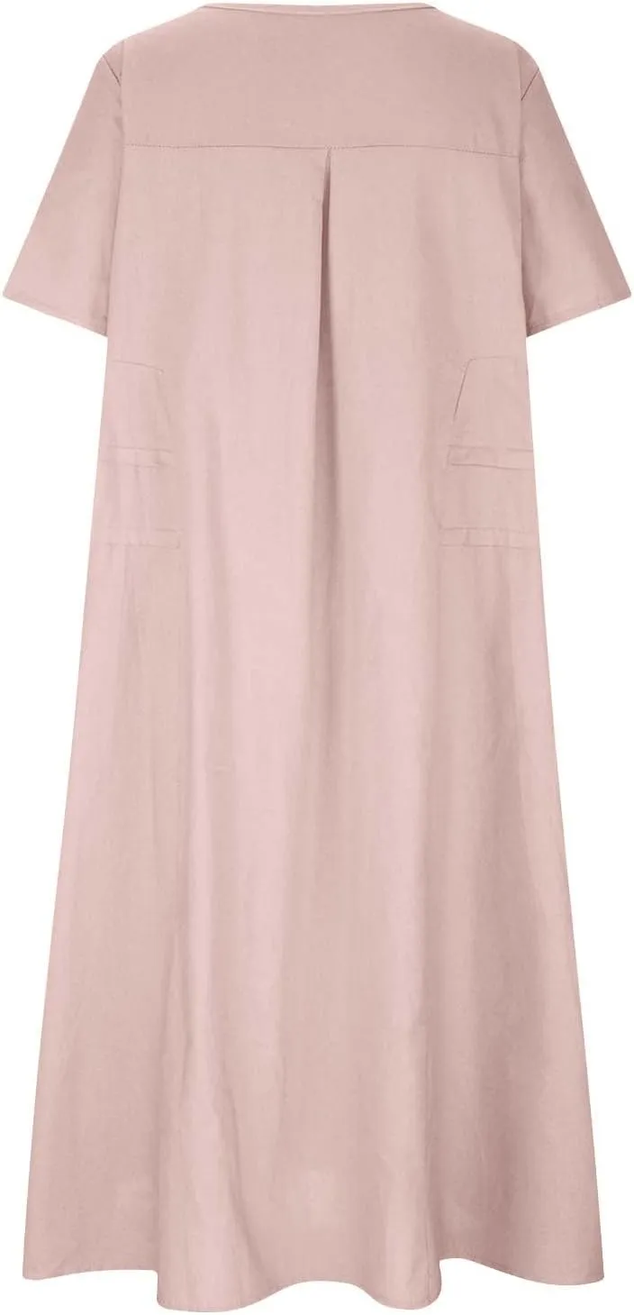 Linen Dresses for Women 2025 Loose Round Neck Short Sleeve Sundress Fashion Solid Color Pleated Summer Dress