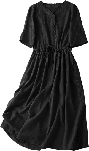 Linen Dresses for Women 2025 Summer Long Maxi Dress Short Sleeve Button Down Tshirt Sundresses Boho Beach Outfits
