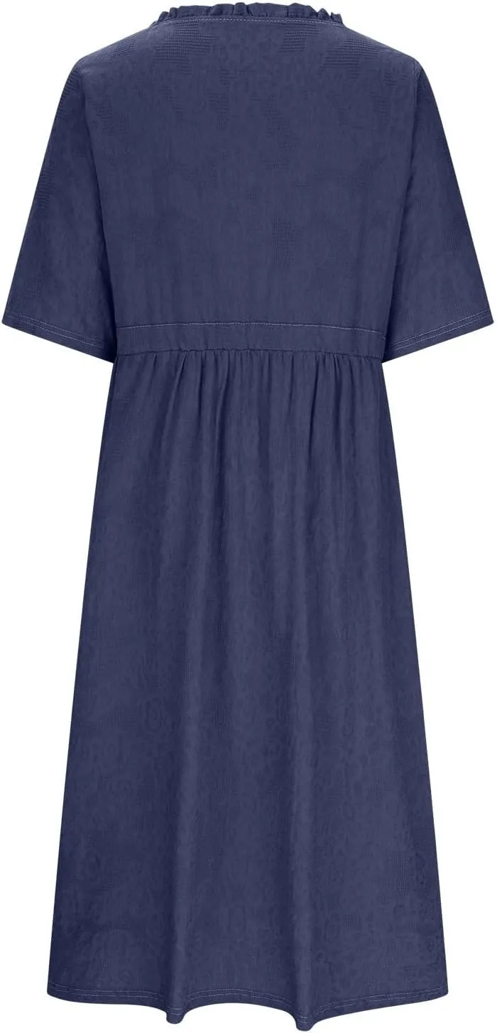 Linen Dresses for Women 2025 Summer Long Maxi Dress Short Sleeve Button Down Tshirt Sundresses Boho Beach Outfits