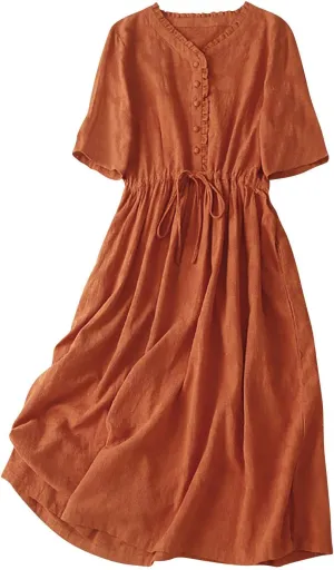 Linen Dresses for Women 2025 Summer Long Maxi Dress Short Sleeve Button Down Tshirt Sundresses Boho Beach Outfits