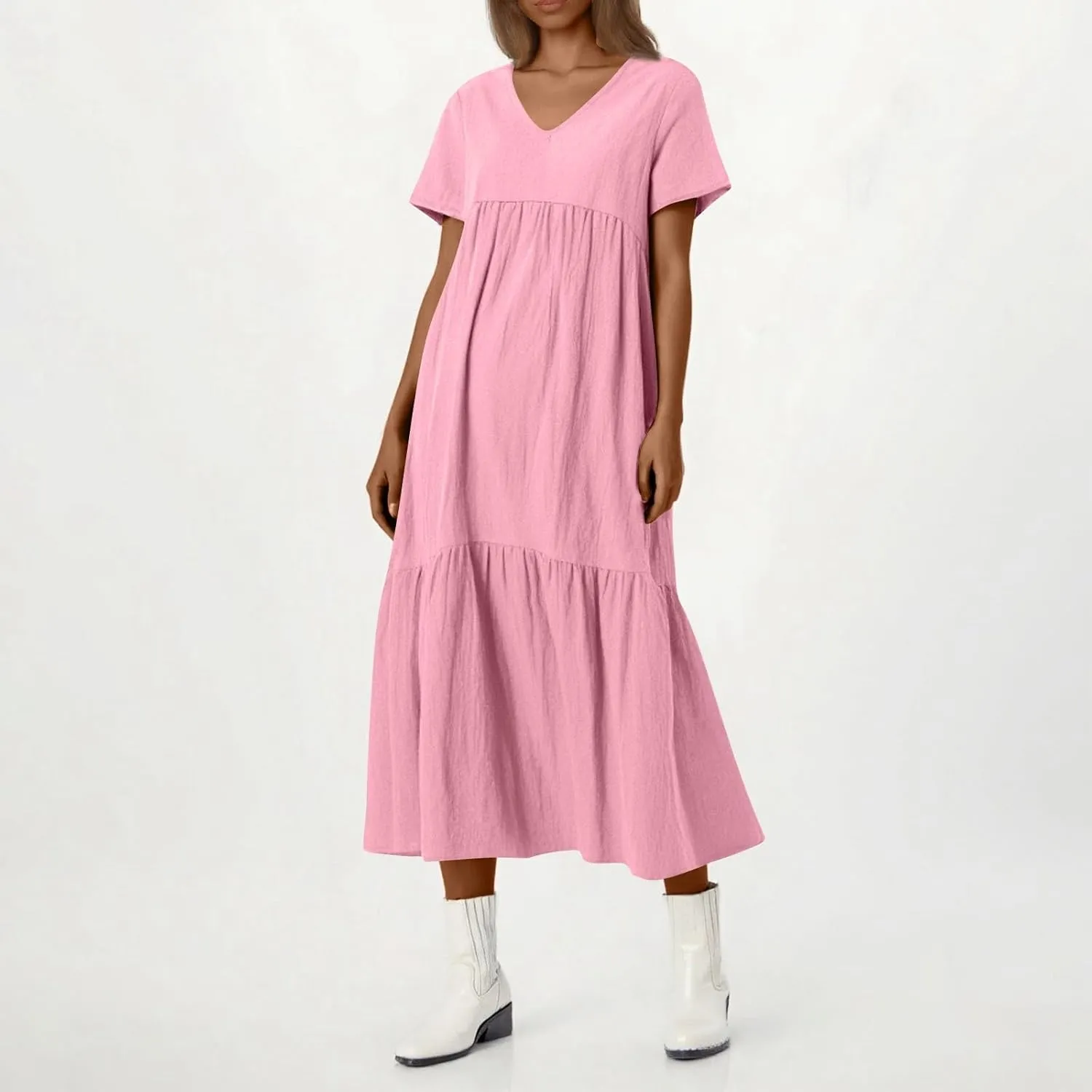 Linen Dresses for Women 2025 Trendy Summer Plus Size Maxi Dress Casual Loose V Neck Boho Flowy Beach Vacation Outfits