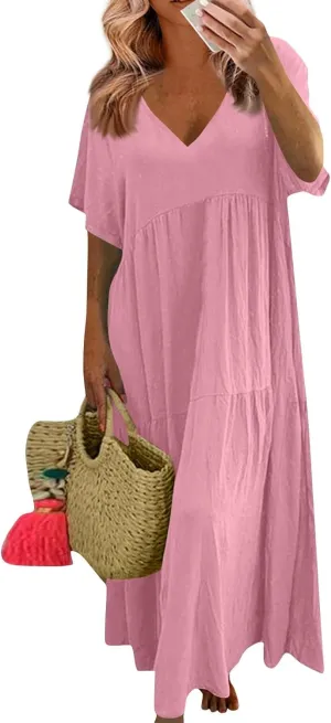 Linen Dresses for Women 2025 Trendy Summer Plus Size Maxi Dress Casual Loose V Neck Boho Flowy Beach Vacation Outfits