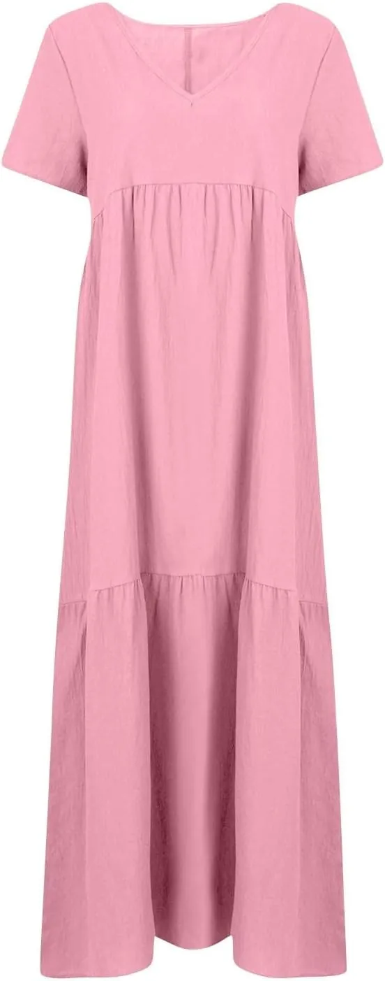 Linen Dresses for Women 2025 Trendy Summer Plus Size Maxi Dress Casual Loose V Neck Boho Flowy Beach Vacation Outfits