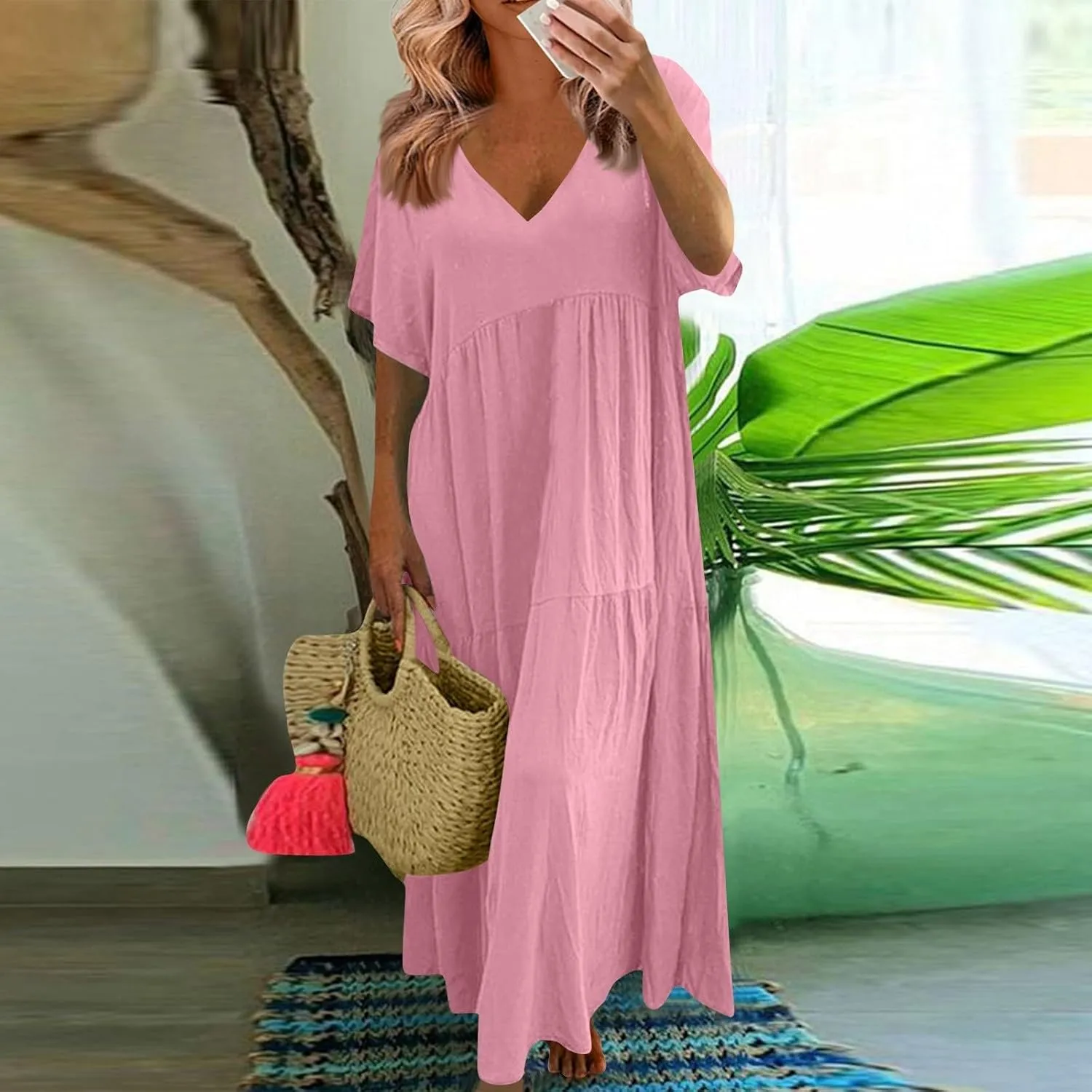 Linen Dresses for Women 2025 Trendy Summer Plus Size Maxi Dress Casual Loose V Neck Boho Flowy Beach Vacation Outfits
