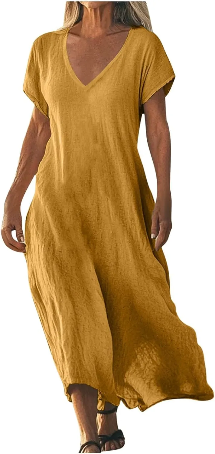 Linen Dresses for Women 2025 Trendy Vneck Long Maxi Dress Flowy Summer Sundresses Boho Beach Wear