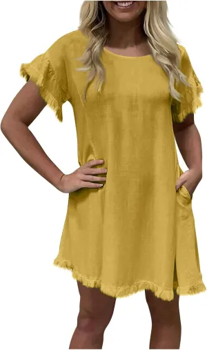 Linen Dresses for Women Summer Cotton Casual Short Sleeve Solid Color Dress Loose Round Neck Vacation Beach Sundress