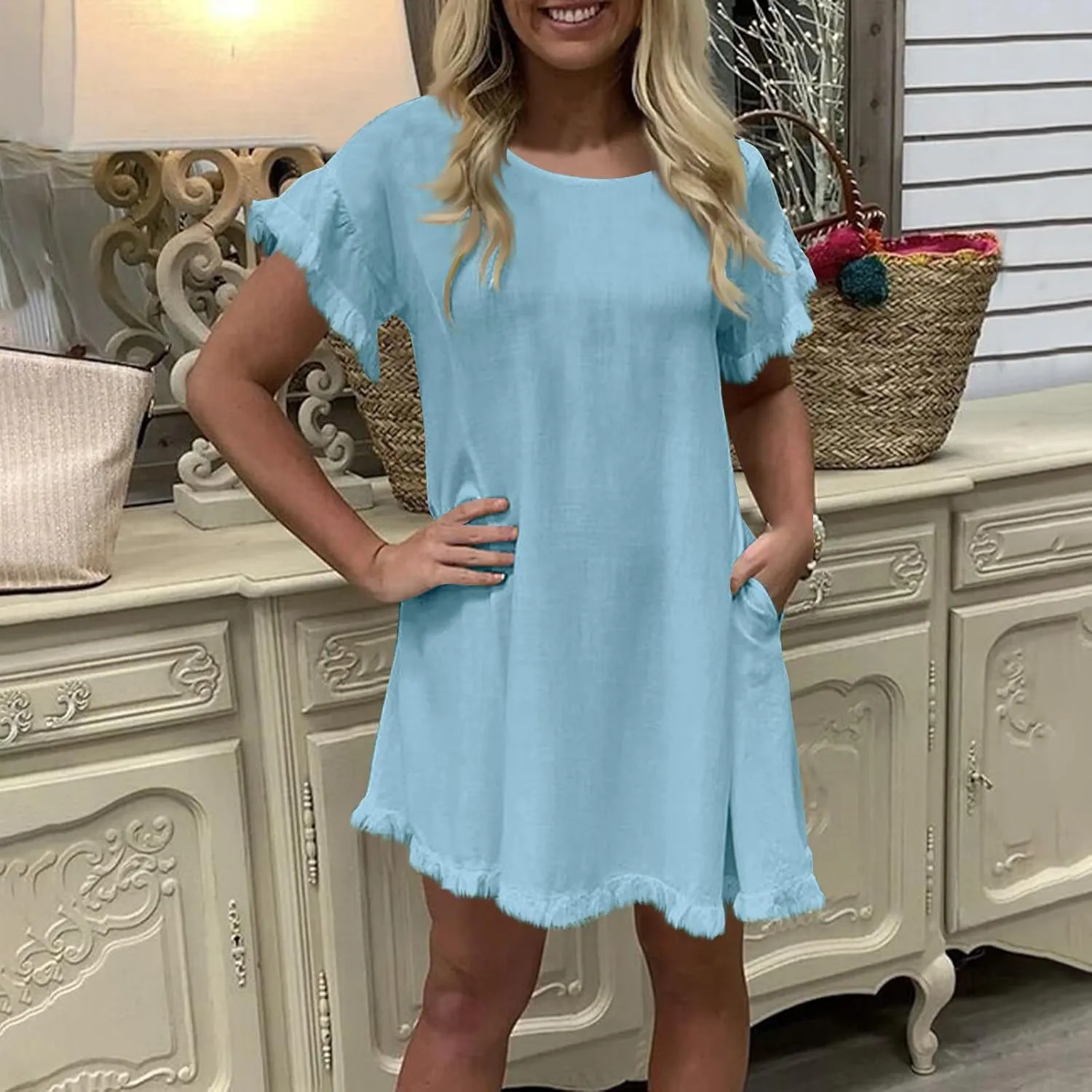 Linen Dresses for Women Summer Cotton Casual Short Sleeve Solid Color Dress Loose Round Neck Vacation Beach Sundress