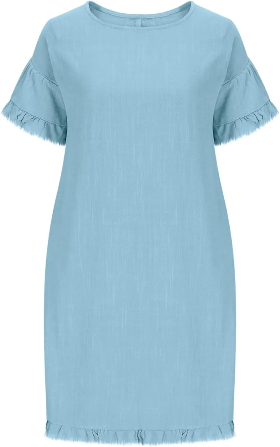 Linen Dresses for Women Summer Cotton Casual Short Sleeve Solid Color Dress Loose Round Neck Vacation Beach Sundress